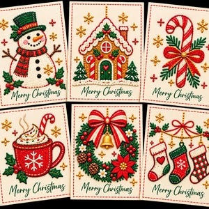 May include: A set of six rectangular greeting cards featuring embroidered-style Christmas designs including a snowman, gingerbread house, candy cane, hot cocoa mug, wreath with a bell, and three stockings, all with the text Merry Christmas.