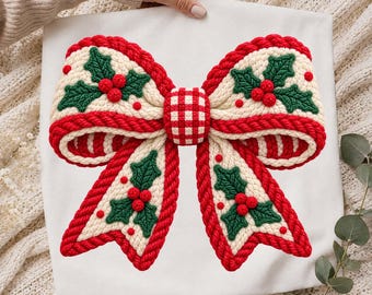Latch Hook Yarn Christmas Bow PNG, Crochet Christmas Tree Bow Design, Coquette Holiday Bow Sublimation, Girly Festive Christmas Shirt PNG