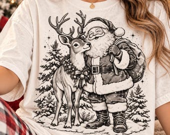Vintage Santa and Reindeer PNG, Retro Christmas Santa Claus with Deer, Distressed Black and White Holiday Png, Winter Shirt Design Trendy