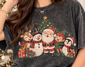 Vintage Christmas Characters PNG, Santa Claus Reindeer Snowman Elf Penguin PNG, Distressed Retro Christmas Group Design, Trendy Viral Png