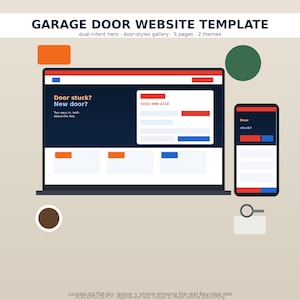 Könnte beinhalten: Eine Website-Vorlage für Garagentore, dargestellt auf einem Laptop und einem Smartphone. Die Benutzeroberfläche enthält den Text 'GARAGE DOOR WEBSITE TEMPLATE', 'Door stuck? New door?' und '(555) 048-2210' in dunkelblau, rot und weiß.