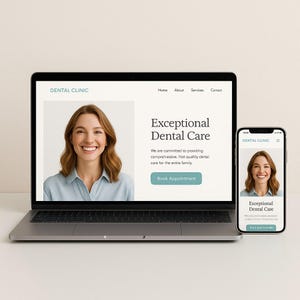 Könnte beinhalten: Ein Laptop und ein Smartphone, die die Website einer Zahnklinik anzeigen. Der Bildschirm zeigt das Porträt einer lächelnden Person, den Text "Exceptional Dental Care", eine Leistungsbeschreibung und einen türkisfarbenen "Book Appointment"-Button.