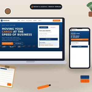 Może przedstawiać: Szablon strony internetowej dla branży transportowej i logistycznej wyświetlony na ekranie laptopa i smartfona. Projekt wykorzystuje ciemnoniebieską kolorystykę z pomarańczowymi akcentami oraz tekst Moving Your Cargo At The Speed Of Business.