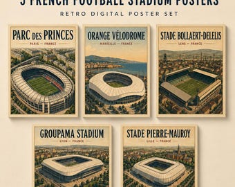 French Football Stadium Poster Set | 5 Retro Printable Prints