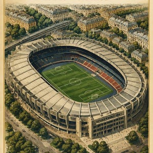 Könnte beinhalten: Ein Poster im Vintage-Stil mit einer Luftaufnahme des Stadions Parc des Princes in Paris, Frankreich. Das Bild zeigt die ovale Stadionstruktur, ein grünes Fußballfeld und umliegende Stadtgebäude mit dem Text PARC DES PRINCES und HOME OF FOOTBALL.