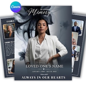 May include: A funeral program template featuring a central portrait of a person in a white blazer against a dark floral background. Text includes IN LOVING MEMORY OF, LOVED ONE'S NAME, JANUARY 1, 1950 - MAY 10, 2025, and ALWAYS IN OUR HEARTS.