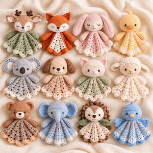 Pode incluir: Uma coleção de doze peluches de croché em forma de animal, incluindo um veado, raposa, coelho, pato, koala, cão, gato, cordeiro, urso, elefante, ouriço e pássaro. Cada brinquedo tem uma cabeça redonda e um corpo de manta de croché em leque.