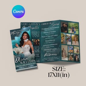 May include: A funeral program template measuring 17x11 inches, featuring a teal floral background, a portrait of a woman, and the text In Loving Memory of Olivia Williams, May 12th, 1986 - April 20th, 2025, along with an order of service and photos.