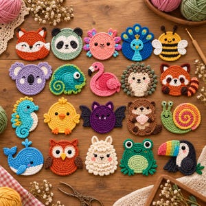 May include: A collection of twenty colourful crochet animal coasters arranged in a grid. The set includes a fox, panda, axolotl, peacock, bee, koala, chameleon, flamingo, hedgehog, red panda, seahorse, chick, bat, otter, snail, whale, owl, llama, frog, and toucan.