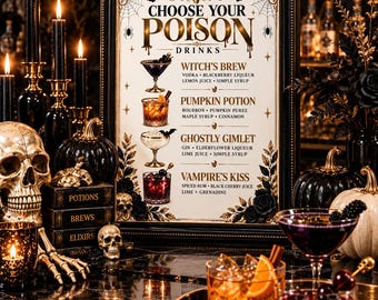 Halloween Bar Menu Printable | Choose Your Poison Drink Sign | Halloween Cocktail Menu