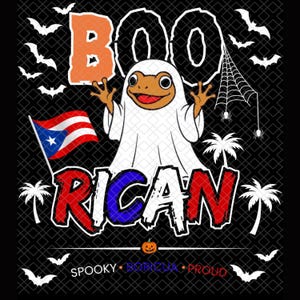 May include: A graphic design featuring a brown frog wearing a white ghost costume. The text reads BOO RICAN with the Puerto Rican flag. The background is black with white bats, palm trees, a spider web, and the text SPOOKY BORICUA PROUD.