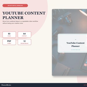 May include: A digital YouTube Content Planner document featuring 83 pages in A4 portrait format. The layout includes text headers, a description, and a preview image of the planner cover showing a camera, headphones, and a tablet on a desk.