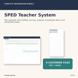 May include: A digital SPED Teacher System organisation bundle featuring an annual dashboard template and a vertical spreadsheet layout. The graphic includes the text Complete Organisation Bundle, SPED Teacher System, and 9 Customer Files PDF + Excel.