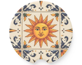 Sun Face Tile Car Coaster | Celestial Soapstone Drink Holder