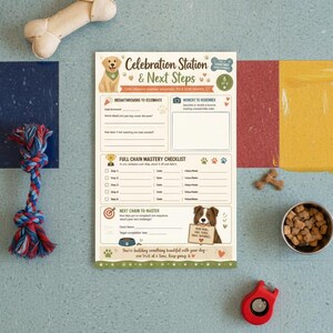 May include: A rectangular paper tracker titled Celebration Station & Next Steps featuring illustrations of a golden retriever and a border collie, with sections for dog training breakthroughs, a mastery checklist, and a space for notes.