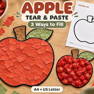 May include: An Apple Tear & Paste craft activity set featuring a printed apple outline, two completed apple collages made with red paper squares and crumpled red paper, a bowl of red paper pieces, and a glue stick on a wooden surface.