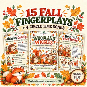 Preschool Circle Time Movement Songs Printable, 15 Fall Fingerplays and 4 Woodland Songs