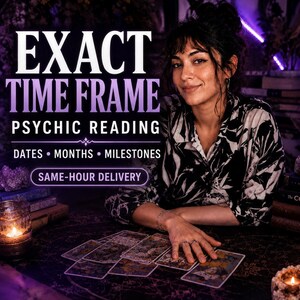 May include: A psychic reading service advertisement featuring the text EXACT TIME FRAME PSYCHIC READING DATES MONTHS MILESTONES SAME-HOUR DELIVERY. A person with dark hair wears a black and white patterned shirt, resting hands on tarot cards.