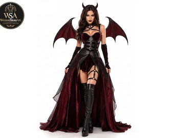 May include: A dark red and black devil costume featuring a velvet corset bodice with buckled straps, a long flowing skirt with sheer overlays, matching arm warmers, thigh-high boots, a choker, and a pair of pointed devil wings and horns.