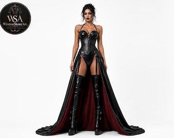 Gothic Leather Corset Bodysuit, Trained Skirt, Vampire Queen Cosplay (Black/Burgundy)