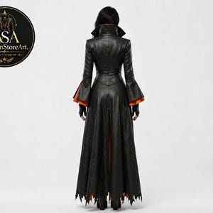 May include: A long black coat with a high collar, fitted bodice, and flared sleeves featuring orange lining. The coat has a floor-length skirt with a jagged hemline and a central back vent. A circular logo in the top left corner reads WSA WestonStoreArt.