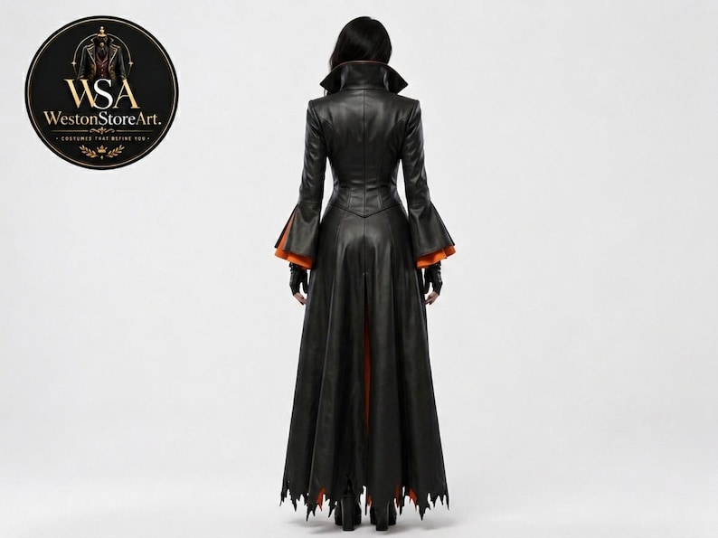 May include: A long black coat with a high collar, fitted bodice, and flared sleeves featuring orange lining. The coat has a floor-length skirt with a jagged hemline and a central back vent. A circular logo in the top left corner reads WSA WestonStoreArt.