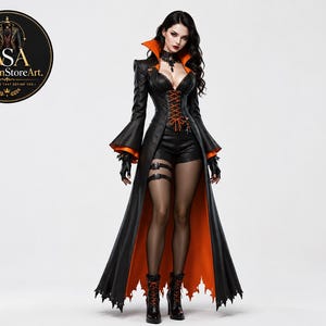 Black Vampire Costume for Women – Gothic Victorian Tailcoat with Bell Sleeves, High Collar and Orange Details
