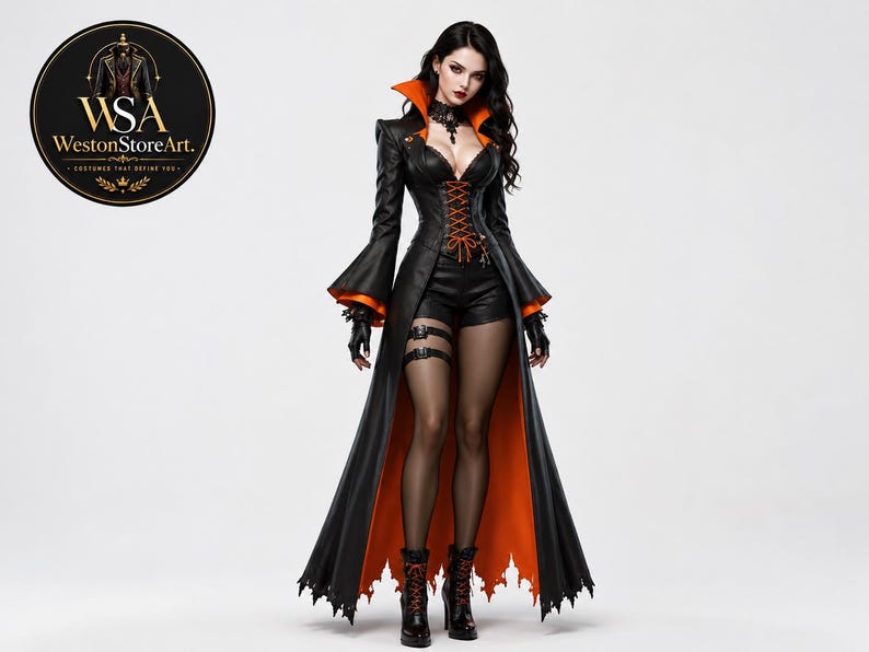 Black Vampire Costume for Women – Gothic Victorian Tailcoat with Bell Sleeves, High Collar and Orange Details