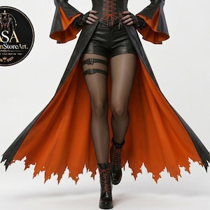 Gothic Victorian Corset Coat – Women’s Black Longline Vampire Jacket with Orange Trim and Lace-Up Front