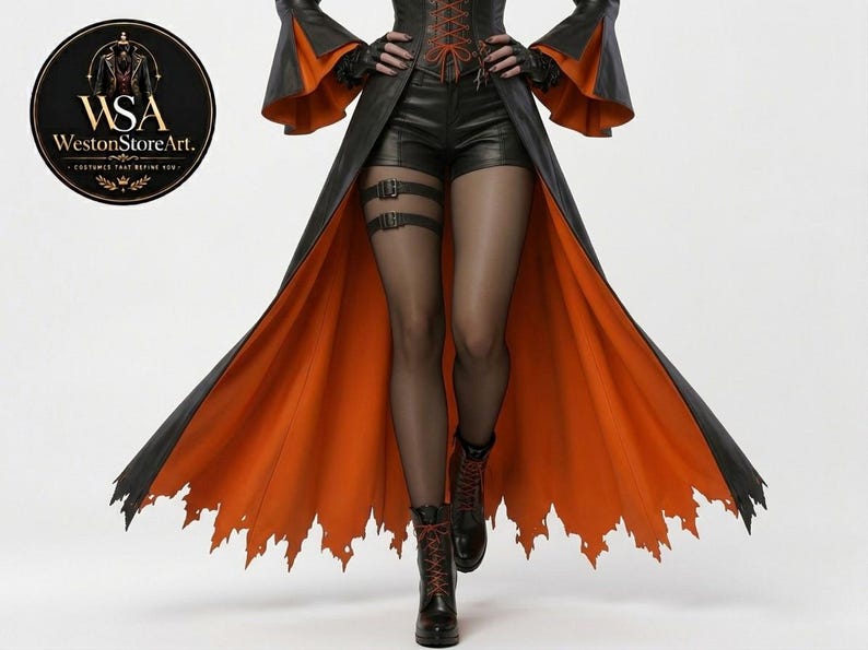 Gothic Victorian Corset Coat – Women’s Black Longline Vampire Jacket with Orange Trim and Lace-Up Front