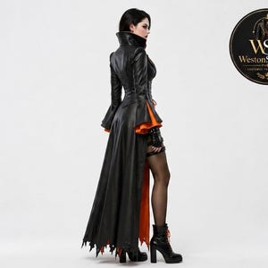 Black Gothic Long Coat for Women – Victorian Vampire Jacket with Dramatic Orange Inner Lining and High Collar