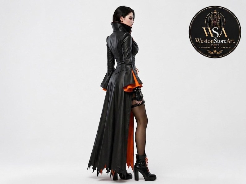 Black Gothic Long Coat for Women – Victorian Vampire Jacket with Dramatic Orange Inner Lining and High Collar