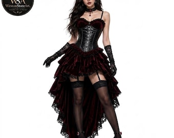 May include: A dark red velvet high-low skirt with black lace trim, paired with a black corset top featuring front metal clasps. The outfit includes black lace gloves, sheer black thigh-high stockings with garters, and dark red rose hair accessories.