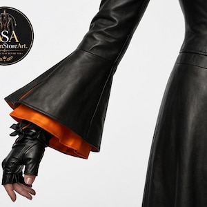 Black Victorian Gothic Jacket for Women – Fitted Vampire Tailcoat with Lace-Up Waist, High Collar and Orange Accents