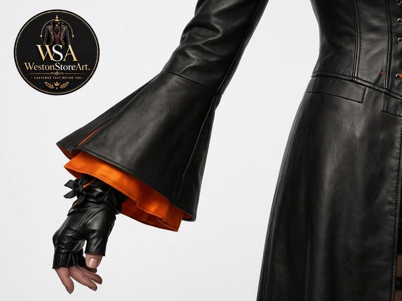Black Victorian Gothic Jacket for Women – Fitted Vampire Tailcoat with Lace-Up Waist, High Collar and Orange Accents