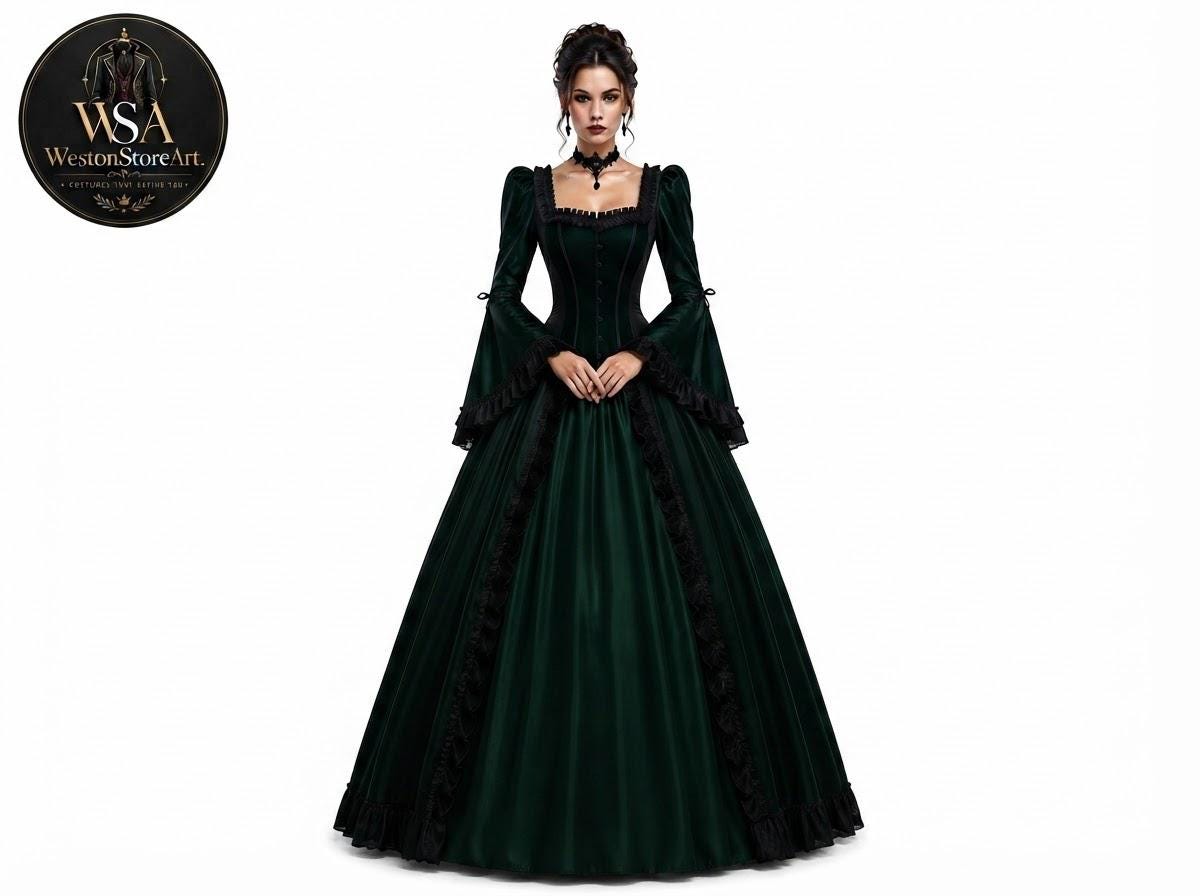 green and black victorian dress Dark Printed Flowy Dress