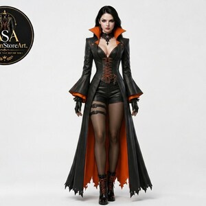 Women’s Black Gothic Tailcoat – Long Victorian Vampire Coat with Flared Sleeves, Orange Lining and Fitted Waist