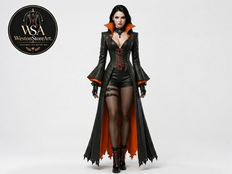 Women’s Black Gothic Tailcoat – Long Victorian Vampire Coat with Flared Sleeves, Orange Lining and Fitted Waist
