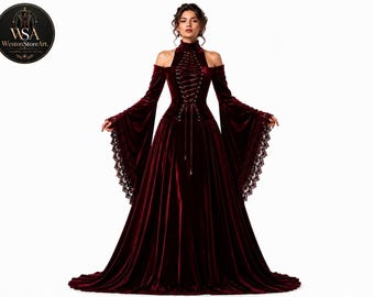 Pode incluir: Um vestido longo de veludo vermelho escuro com gola alta, recortes nos ombros e mangas compridas e largas com acabamento em renda preta. O corpete inclui um detalhe central de espartilho com fitas para uma silhueta estruturada.