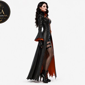 May include: A long black leather-look coat with flared sleeves and a vibrant orange lining, featuring a front lace-up closure. The garment is paired with black shorts, sheer black stockings with double leg straps, and black lace-up platform boots.