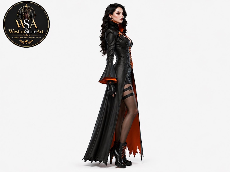 May include: A long black leather-look coat with flared sleeves and a vibrant orange lining, featuring a front lace-up closure. The garment is paired with black shorts, sheer black stockings with double leg straps, and black lace-up platform boots.
