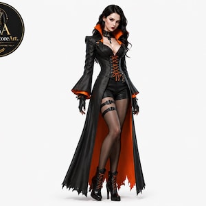 May include: A long black coat with a vibrant orange lining, featuring a high collar, flared sleeves, and a fitted bodice with orange lacing. The outfit includes black shorts, sheer black hosiery with a garter strap, and black lace-up boots.