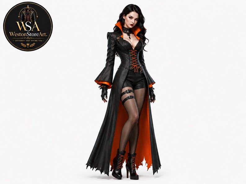 May include: A long black coat with a vibrant orange lining, featuring a high collar, flared sleeves, and a fitted bodice with orange lacing. The outfit includes black shorts, sheer black hosiery with a garter strap, and black lace-up boots.
