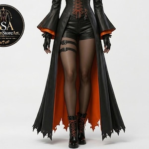 Gothic Steampunk Victorian Coat for Women – Black Fitted Long Jacket with Corset Lacing and Orange Interior