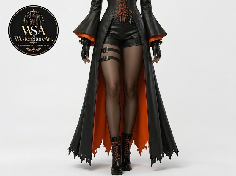 Gothic Steampunk Victorian Coat for Women – Black Fitted Long Jacket with Corset Lacing and Orange Interior