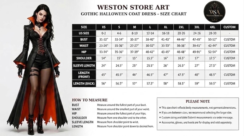 Women’s Gothic Halloween Costume Coat – Black Victorian Vampire Tailcoat with Orange Lining, Corset Styling and Bell Sleeves