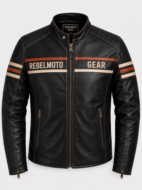 Men’s Black Leather Biker Jacket, RebelMotoGear Genuine Cowhide Motorcycle Jacket, Vintage Cafe Racer Riding Coat, Gift for Him