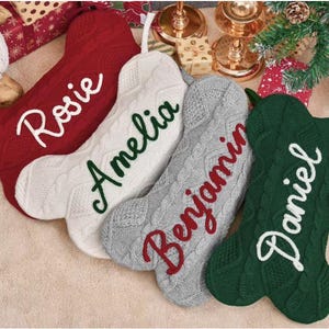 Personalized Knitted Dog Bone Christmas Stocking, Custom Pet Name Holiday Decoration