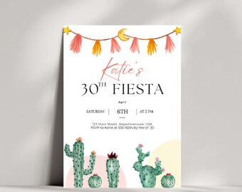 Fiesta Birthday Party Invitation - Printed Invite for Southwest Mexican Birthday Party with Succulents, Cactus, and Garland Adults or Kids