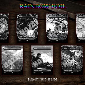 May include: Seven black and white trading cards labeled Swamp, featuring intricate ink-style illustrations of dark landscapes, trees, and figures. The text RAINBOW FOIL and LIMITED RUN appears in the image, with a watermark overlaying the cards.